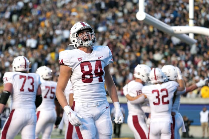 Nov 19, 2022; Berkeley, California, USA; Stanford Cardinal tight end Benjamin Yurosek (84) celebrates after a touchdown by Stanford Cardinal wide receiver Elijah Higgins (not shown) during the third quarter against the California Golden Bears at FTX Field at California Memorial Stadium. Mandatory Credit: Darren Yamashita-USA TODAY Sports